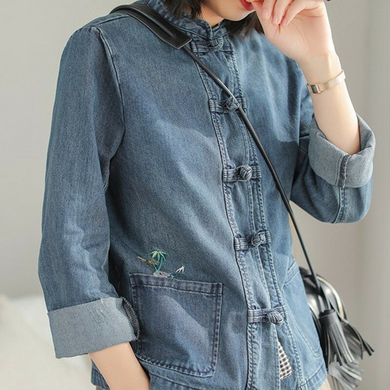 Женская модная однобортная джинсовая рубашка с длинным рукавом, винтажная свободная повседневная блузка в китайском стиле с цветочной вышивкой