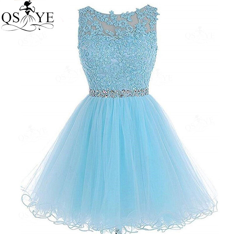 Qsyye céu azul curto vestidos de baile rendas sexy mini vestido de baile apliques vestido de festa uma linha robe vestido de noite de malha
