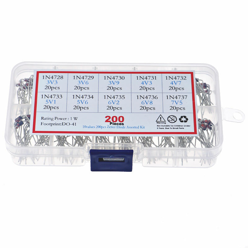 Kit assorti de diodes Zener, 200 pièces/boîte, 10 valeurs 1N4728 ~ 1N4737 1W