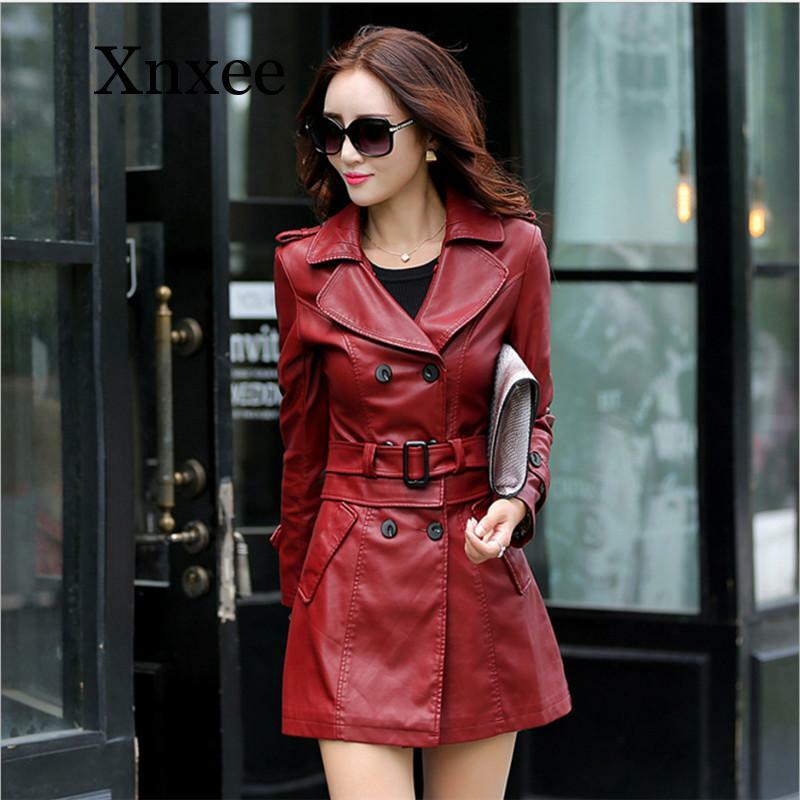 Chaqueta larga de cuero sintético para mujer, abrigo elegante de color rojo Vintage con cinturón de lazo delgado para motocicleta