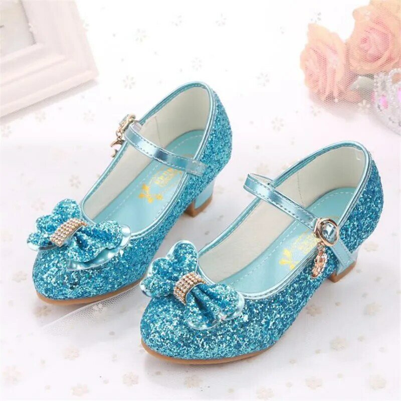 Zapatos de tacón alto con purpurina para niñas, zapatos de cuero de princesa, informales, flores, nudo de mariposa, azul y rosa, alta calidad
