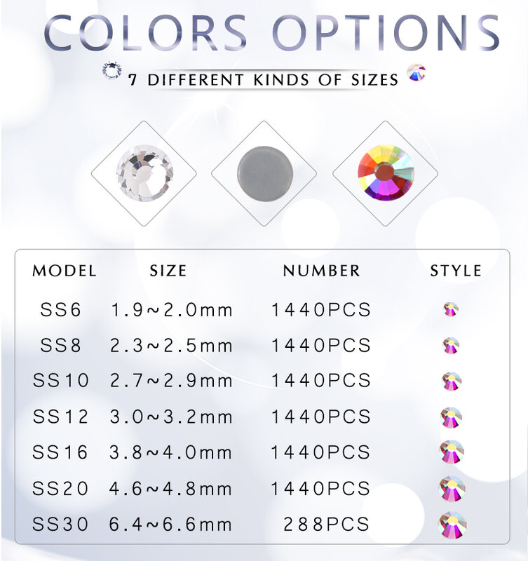 QIAO Multi-Color SS6-SS30 Crystal Glass Glitter Rhinestone Flatback Hot fix Rhinestones For Nail Art Sewing & Fabric Decoretion