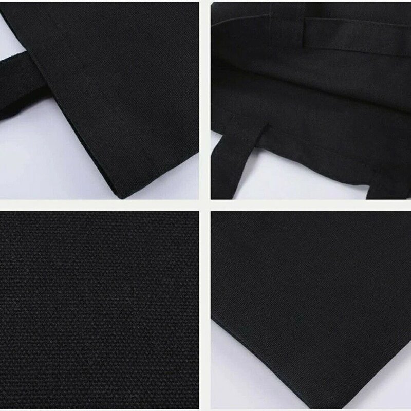 Bolsa de compras de lona preta para mulheres, bolsa de ombro reutilizável, bolsa casual, impressão de padrão branco, grande capacidade, bolsa dobrável