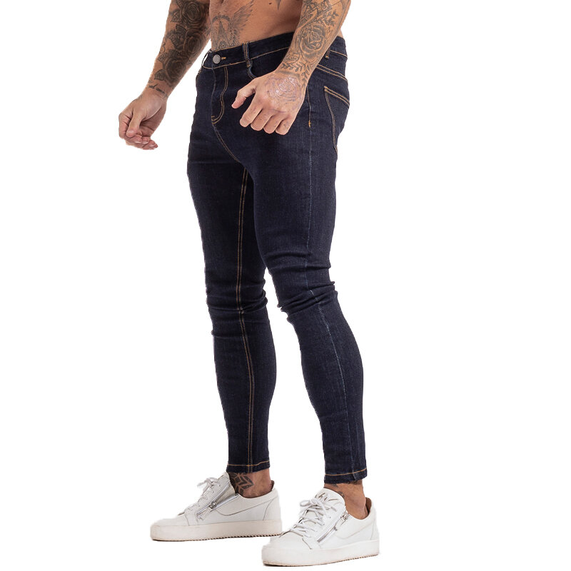 Calças masculinas skinny de cintura alta, azul, hip hop, elástico, de algodão, confortável, comprimento total, redu124
