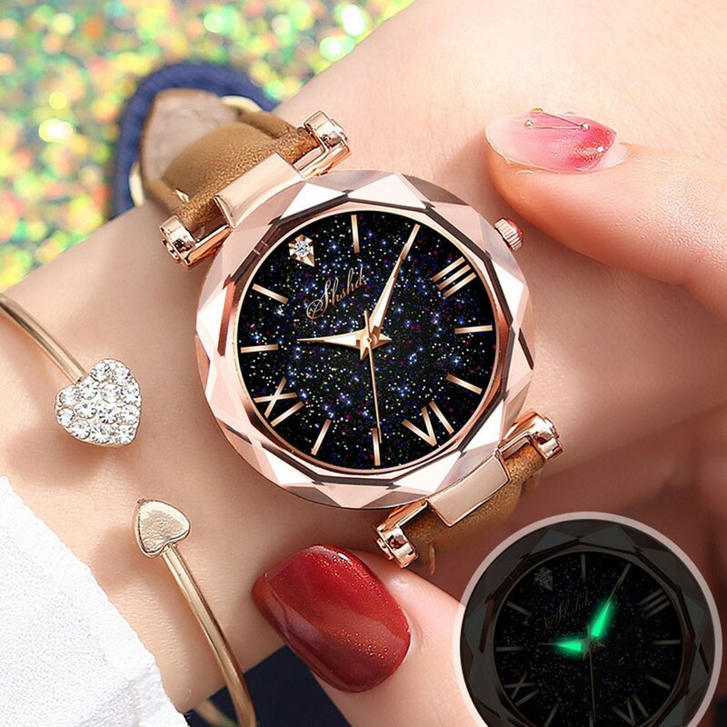 Reloj de pulsera de diamante de cuarzo para mujer, reloj de pulsera de moda, reloj de correa esmerilado de pequeño punto de estrellas, reloj informal para hombres y mujeres
