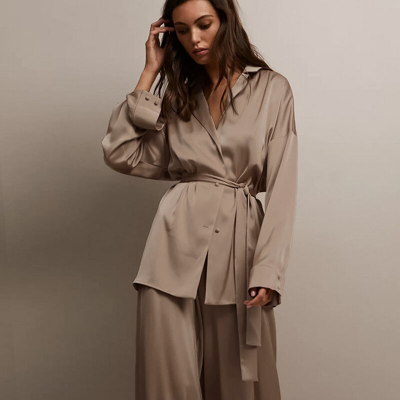 Hiloc Lace Up Volledige Mouwen Nachtkleding Vrouwen Pyjama Sets Womens Outfits Wijde Pijpen Broek Broekpakken 2022 Homewear Winter Mode