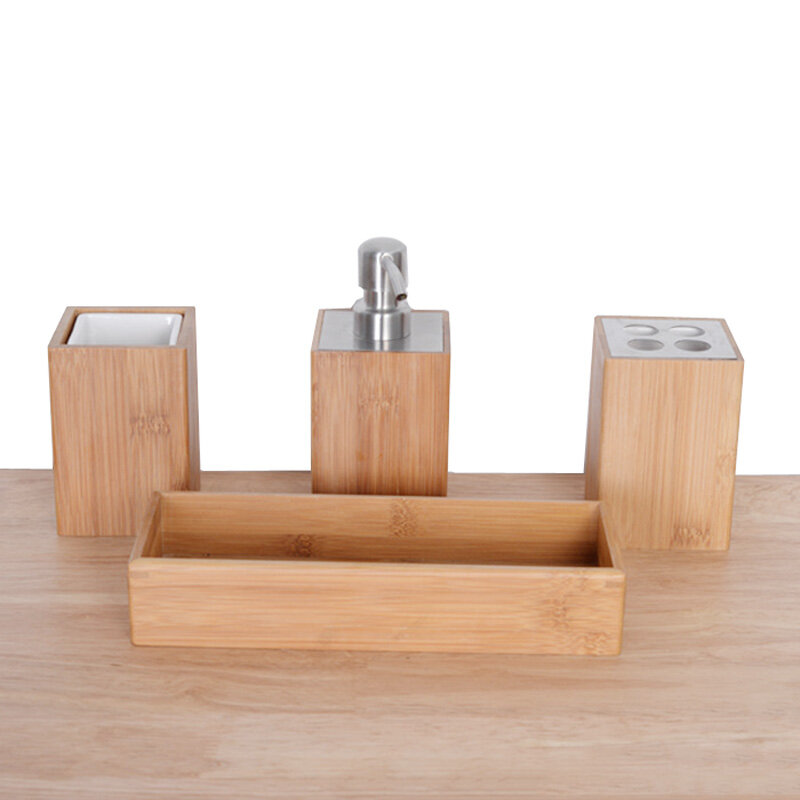 GOALONE 4 piezas accesorios de baño de bambú Set bomba de madera dispensador de jabón soporte de cepillo de dientes almacenamiento con soporte de bandeja decoración del hogar