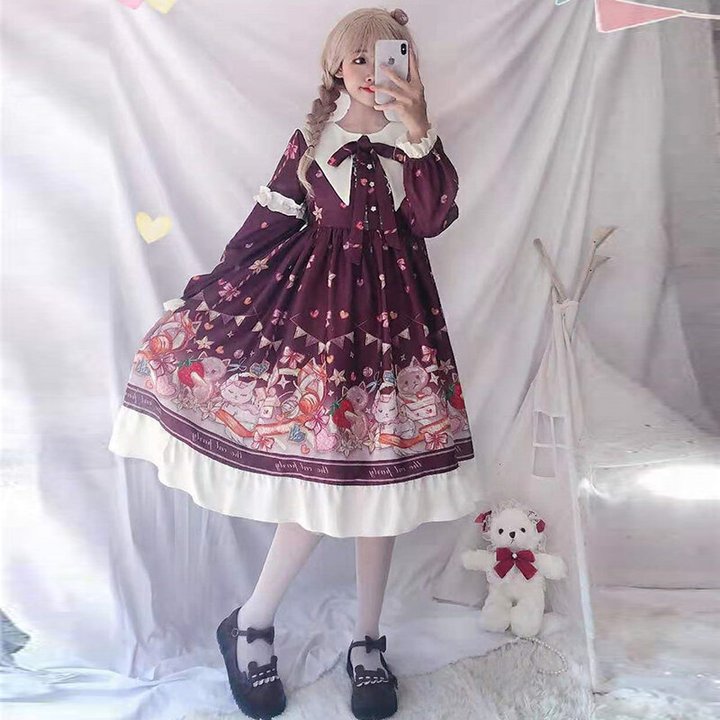Lolita Dress Sweet Cute Kawaii Girls  Princess Maid Vintage Ruffles Cute cat Long Sleeve Wine Red Purple Women Skirt Round Colla