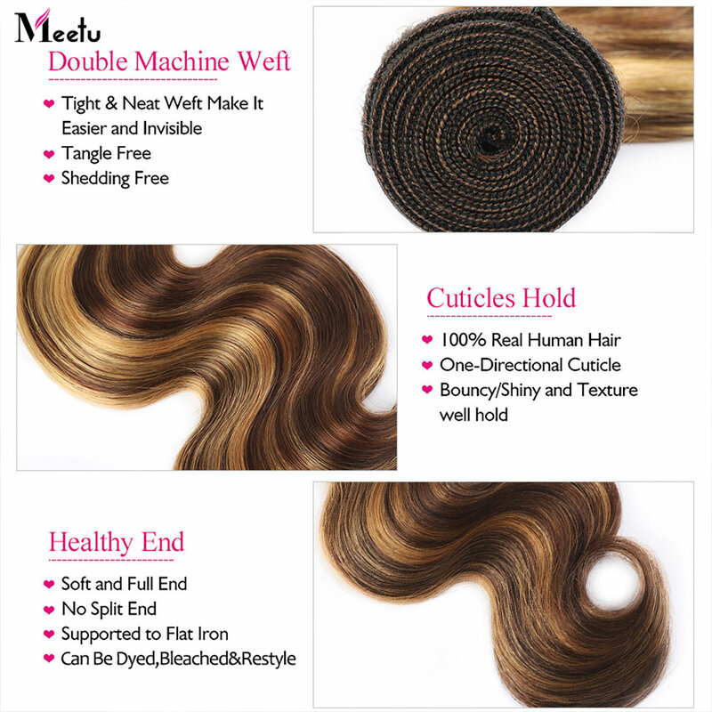Meetu Highlight Body Wave Bundles Remy Brazilian Human Hair Bundles P4/27 Highlight Hair Ombre Piano Color Hair Extensions