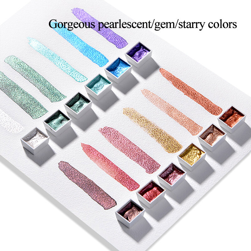 6/12 Colors Solid Pearlescent/Gem/Starry Watercolor Paints Textured Pearlescent Pigment Metallic Glitter Acuarela Art Supplies