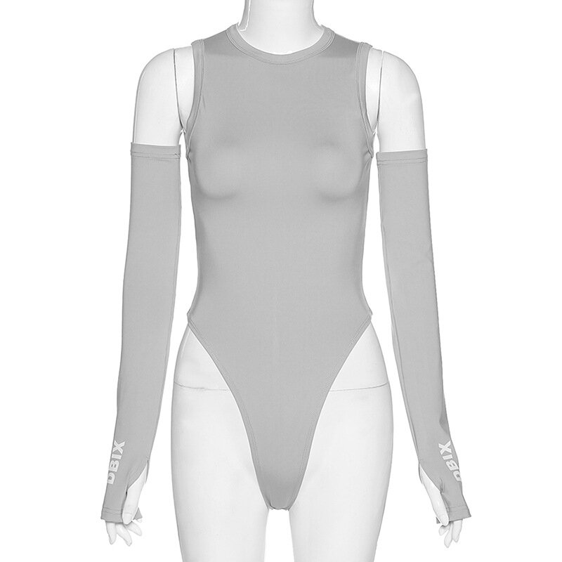 ALLNeon Y2K Aesthetics Letter Printing Off Shoulder Crewneck Bodysuits with Sleeve E-girl 90s Vintage Slim Partywear Grey Romper