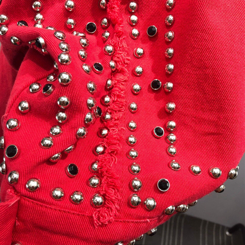ฤดูใบไม้ผลิฤดูใบไม้ร่วงผู้หญิง Harajuku สีแดง Denim Jacket Coat ลูกปัดสั้นสีดำ Jean แจ็คเก็ตนักเรียน Basic Coats Jaquetas ...