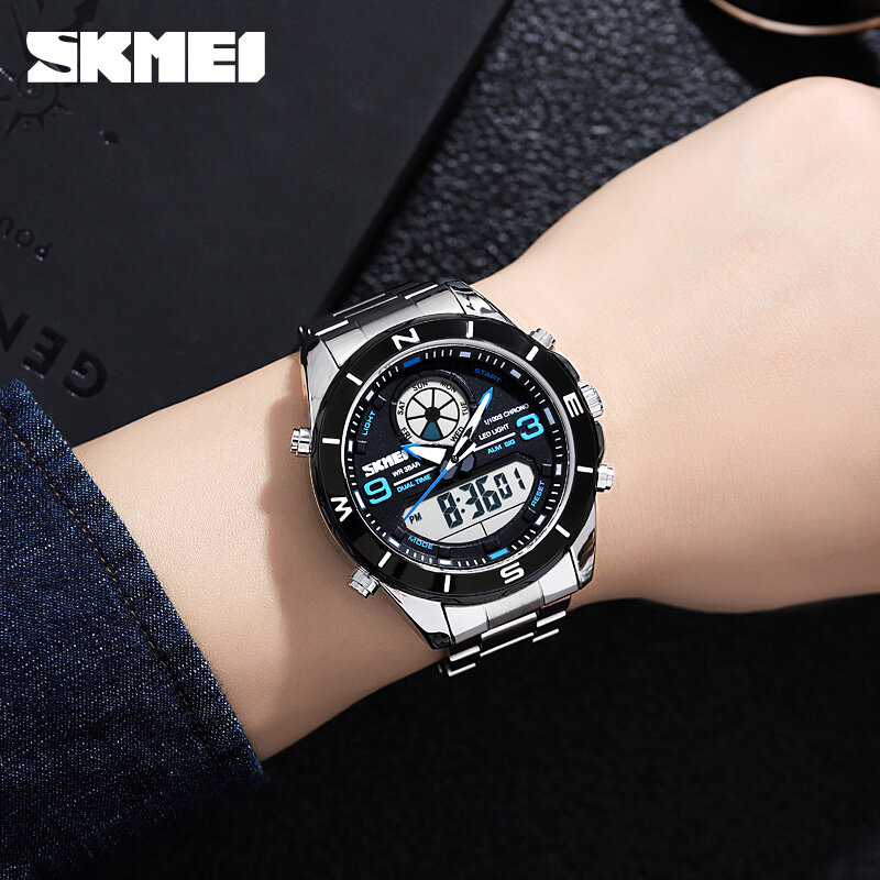 SKMEI-Reloj de pulsera de cuarzo para hombre, cronógrafo Digital masculino de acero de lujo, de doble horario, diseño Original, alarma