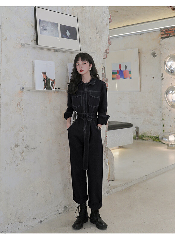 Spring Autumn Women Long Sleeve Slim Casual Straight Cargo Jumpsuit with Sashe Female Streetwear Hip Hop Harem Romper Overalls