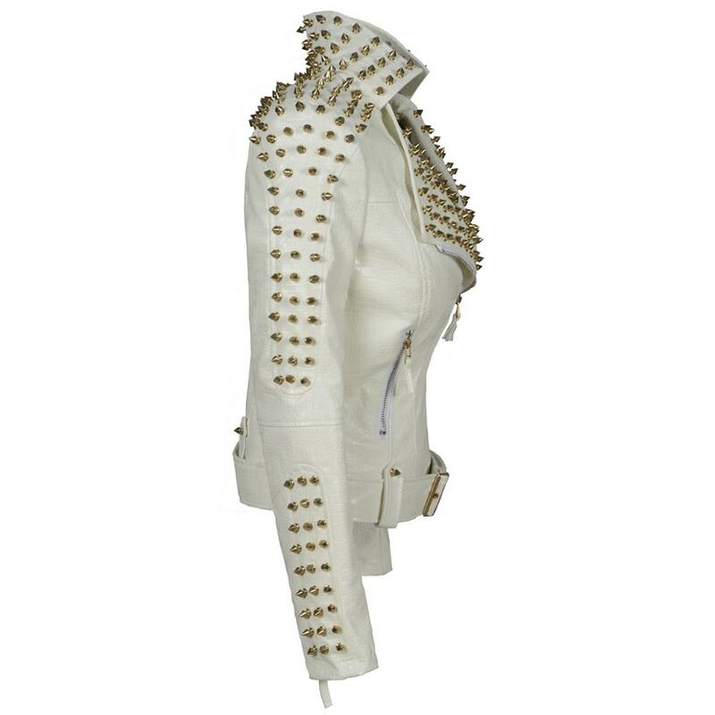 Abrigo de Cinturón con tachuelas perfectas para mujer, moda Punk, ajustado, moldeador de piel sintética, chaqueta de motorista, abrigo cortavientos con remaches