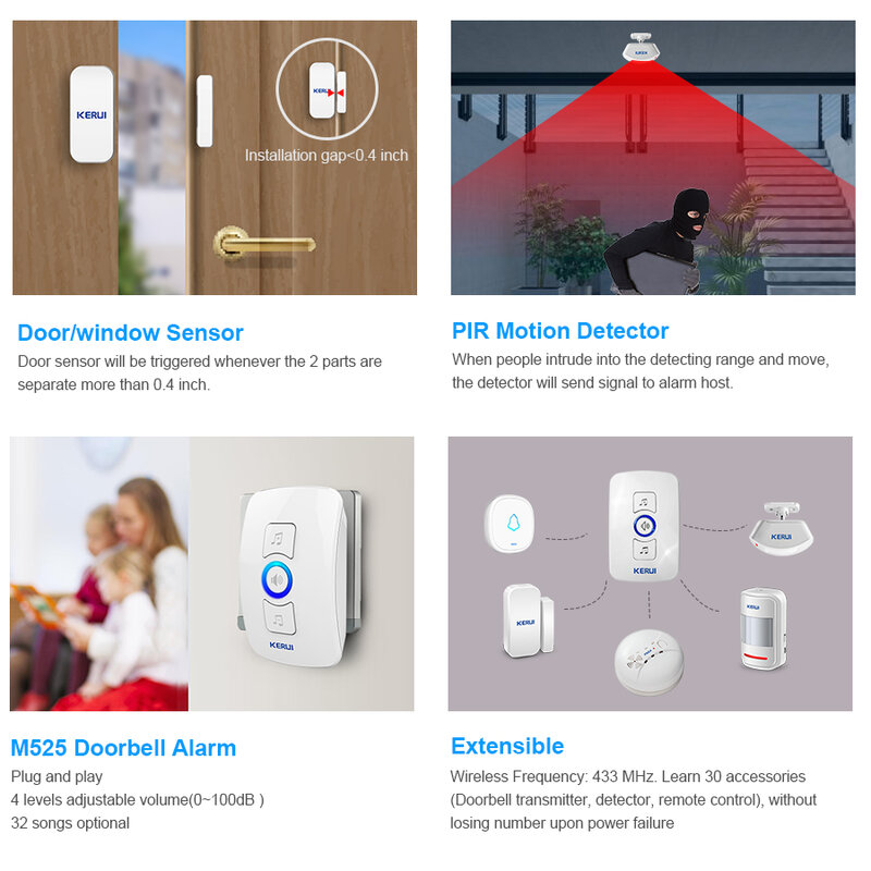 KERUI M525 32 Songs Optional 500ft Door Chime Home Security Welcome Wireless Doorbell Smart  Doorbell Alarm LED light