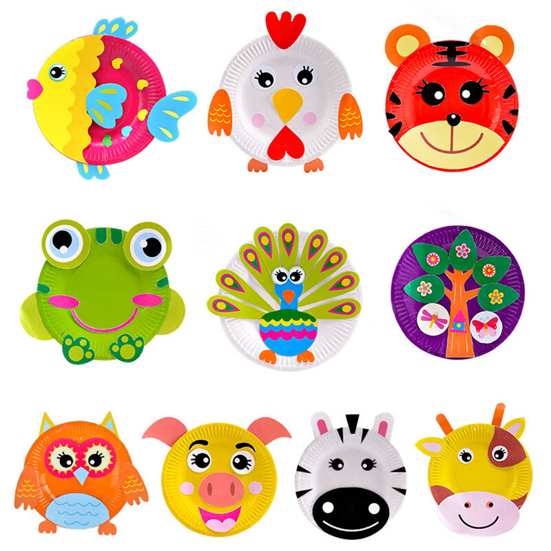 10PCS Animal Cartoon Paper Plate Drawing DIY Handmade Colorful Crafts Toys Material Package Children Creative Puzzle Toys Gifts