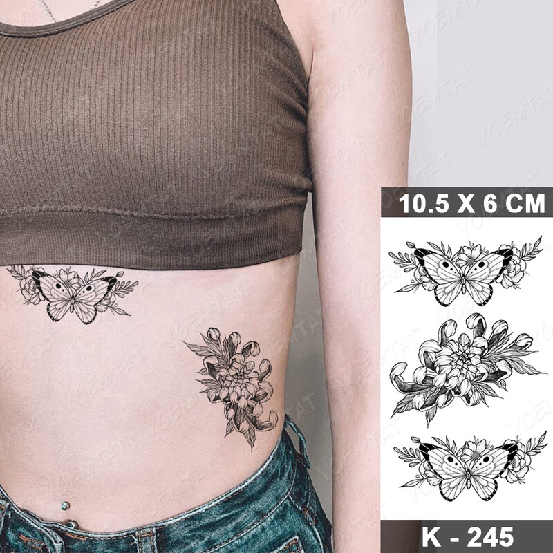 Pegatinas de tatuaje temporal a prueba de agua para mujer, tatuajes falsos de Mariposa Negra, rosa, Flash de transferencia, Sexy, cuello, mano, pecho, arte corporal