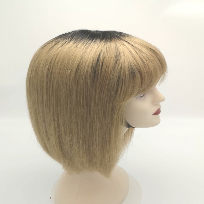 Ombre Blonde Menschliches Haar Perücke mit Pony Erdbeere Blonde Stirnband Perücken Natürliche Schwarz Wurzel 1B/27 Zwei Getönten Perücken für Schöne Frauen