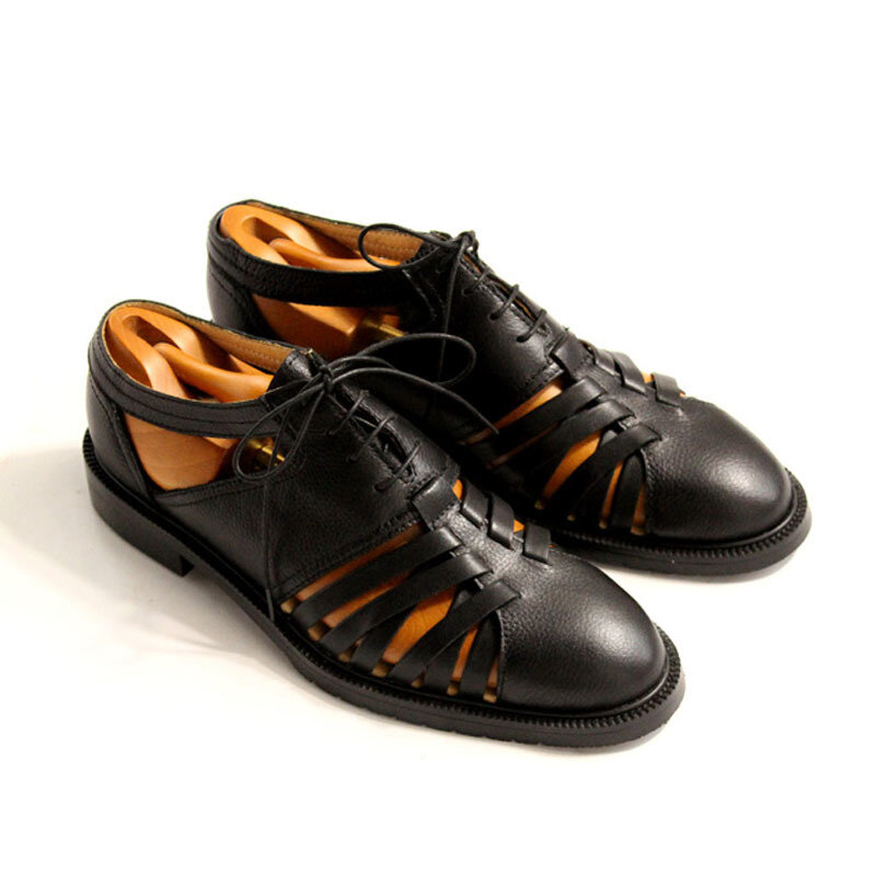 Sandalias de piel auténtica con cordones para hombre, zapatos de tacón de bloque con punta redonda, calzado de gladiador de talla grande, estilo Retro italiano