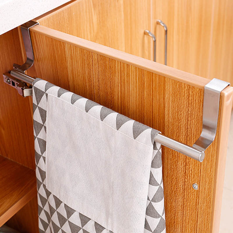 Toallero de 2 tamaños sobre armario de cocina, soporte para colgar en barra, estante para baño, organizador para el hogar, gancho de pared largo, de puerta