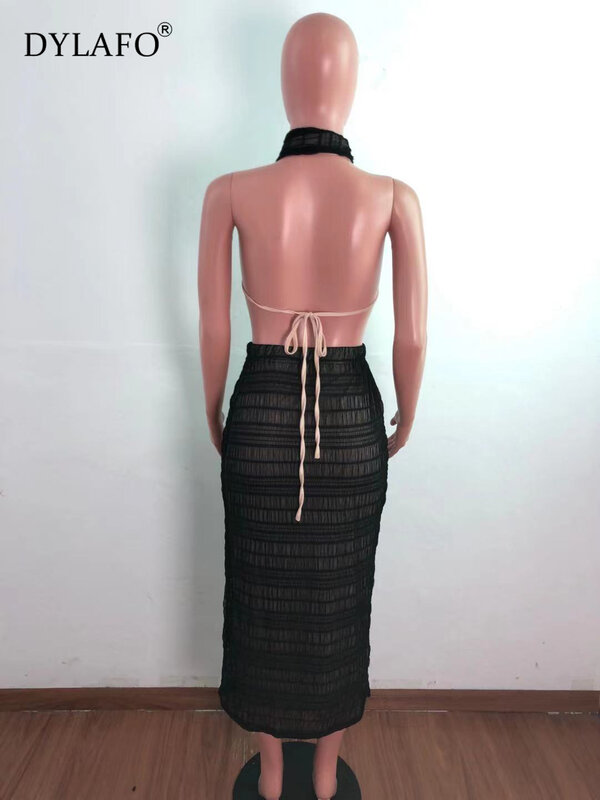 Women Sexy See Through Pleated Two Piece Set Dress Cross Halter Lace Up Backless Vest Crop Top Bodycon Midi Skirt Suit