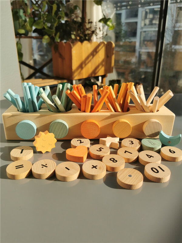 Giocattoli Montessori in legno per bambini scatola per mandrini di Lime apprendimento della matematica giocattolo con monete digitali magnetiche pastello e bastoncini di conteggio