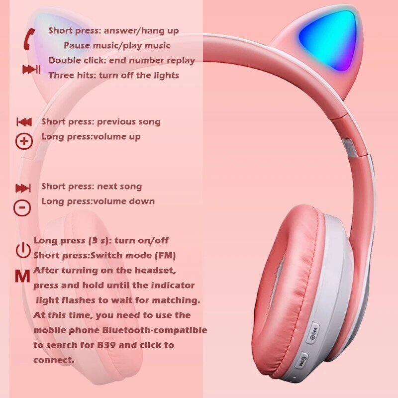 Roze Leuke Kat Oren Draadloze Hoofdtelefoon Bluetooth-Compatibel Headset Stereo Opvouwbare Oortelefoon Met Microfoon Muziek Kid Meisje Gift