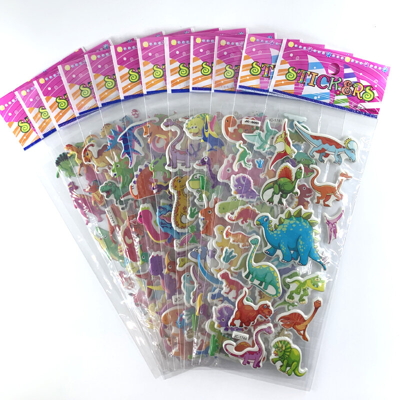 12 Lembar/Set Stiker Dinosaurus 3D untuk Mainan Anak-anak Stiker Kartun Dekorasi Dinding Rumah Buku Tempel Label Buku Harian Notebook Anak Laki-laki