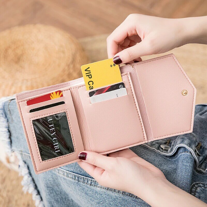 패션 여성 Trifold 지갑 작은 미니 가죽 지갑 신용 카드 홀더 스냅 폐쇄 한국어 스타일 술 지갑 2020
