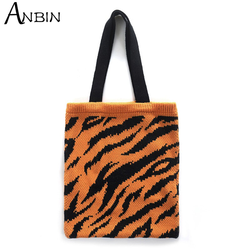 Bolsa de ombro feminina de lã de tricô padrão de leopardo grande capacidade tote moda estudante bolsa de compras