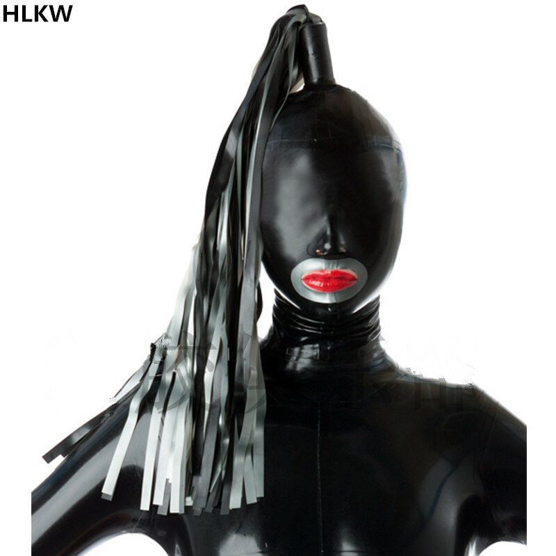 COS Party Sexy Latex Haube gummi Maske mit perücken pferdeschwänzen handmade mit zurück zipper Für erwachsene spiel cosplay