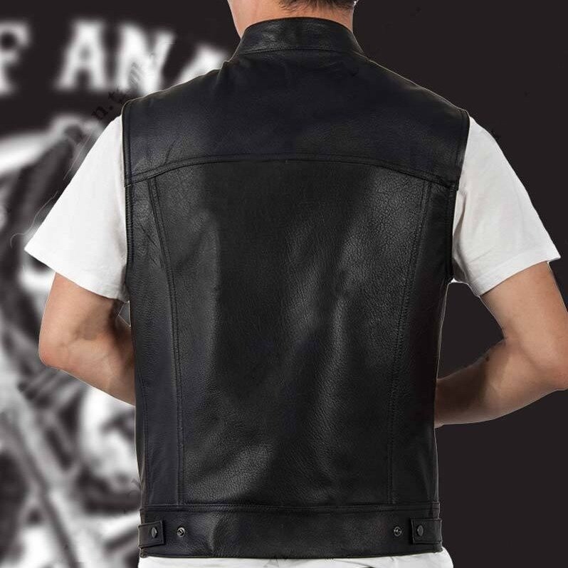 Mode Vest Zwart Motorfiets Hip Hop Vest Mannelijke Faux Leather Punk Effen Zwarte Lente Mouwloze Lederen Vest
