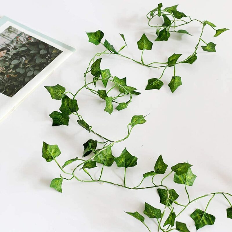 Guirlande de lierre artificiel 2M, fausses feuilles de vigne avec 20 LED, fleurs vertes claires suspendues pour la maison, fête de mariage et de noël D30