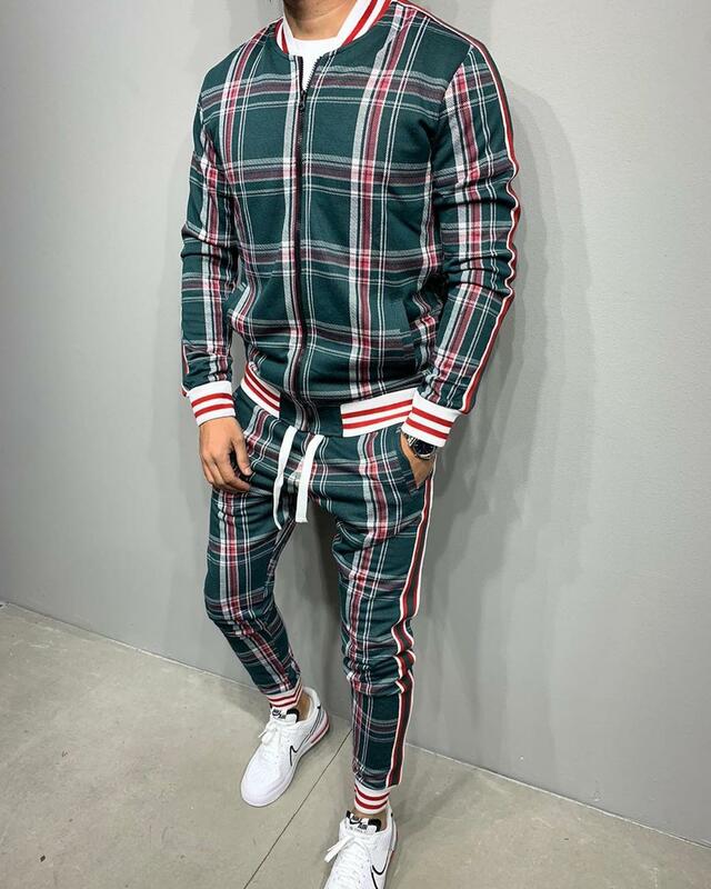 Set da uomo per uomo sportivo scozzese 3D giacca da uomo Set tuta Street Fashi Trend Fashion Stand-up Collar Zipper Sportswear Suit