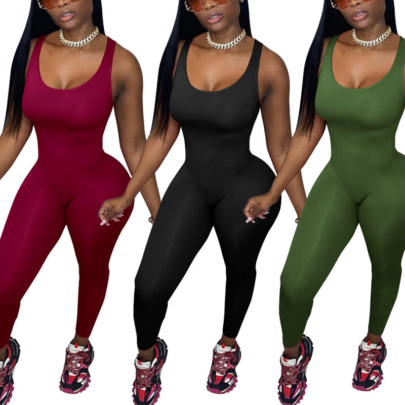 New Women’s Fashion Suspender Jumpsuit Summer Autumn Solid Color Sexy U-neck Mid-waist Slimming Long Jumpsuits
