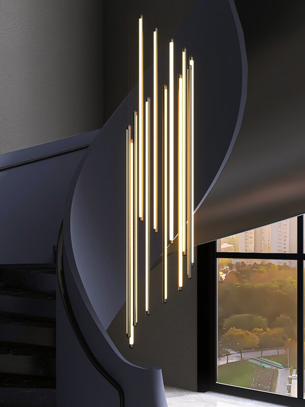 Nowy czarny żyrandol schodowy nowoczesny design duplex budynek wieżowiec pusty salon osobowość długa LED wisząca lampa