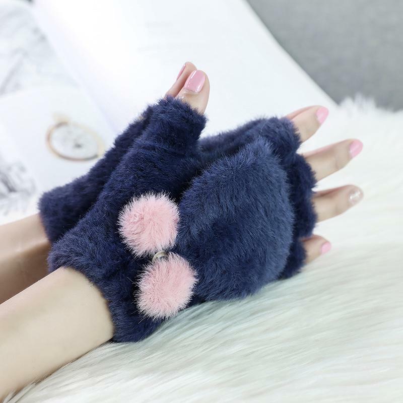 New Fashion Ladies Winter Cute Rabbit Ear Flap Plus Velvet Gloves Outdoor Riding Touch Screen Thick Knitted Half-Finger Gloves