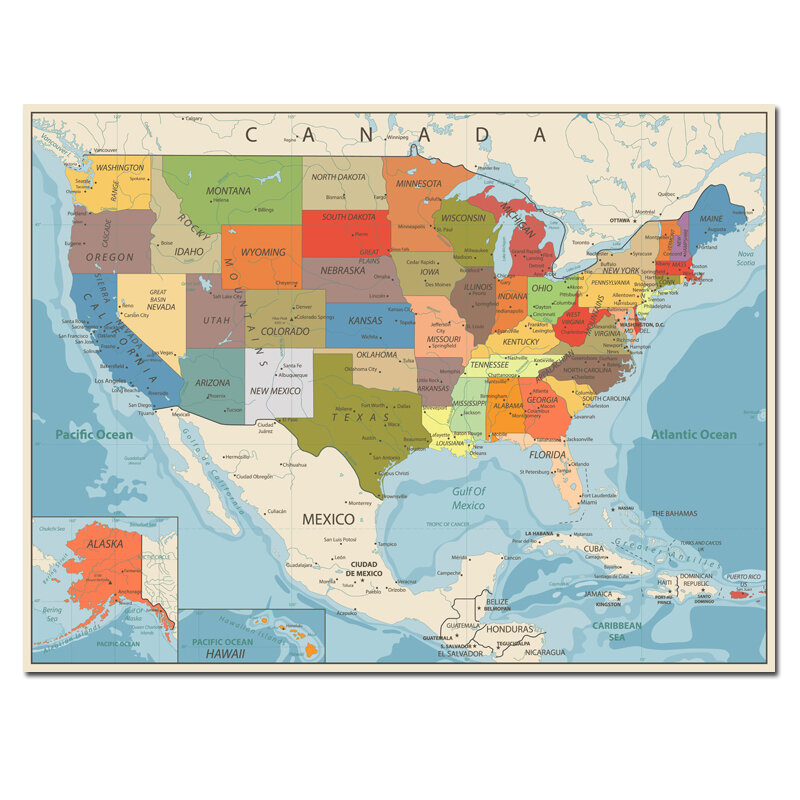 ใหม่สหรัฐอเมริกาสหรัฐอเมริกาแผนที่โปสเตอร์ขนาดผนังตกแต่งขนาดใหญ่แผนที่ USA 80X60ซม.รุ่นภาษาอังกฤษ