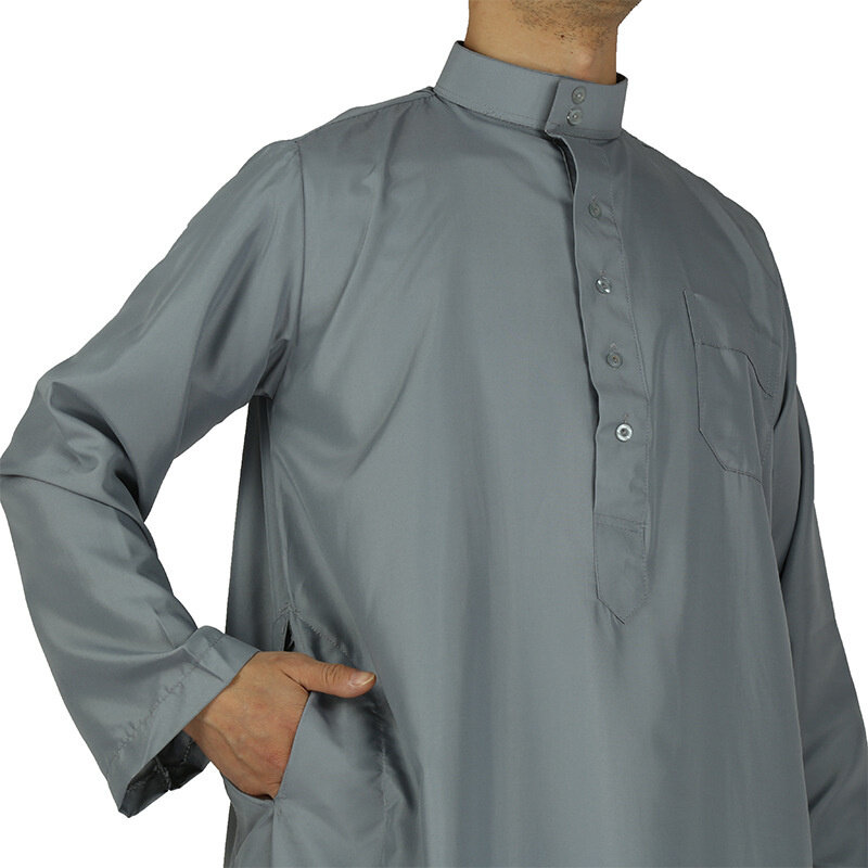 Camisa de manga larga para hombre, Sexy túnica árabe de estilo islámico, marroquí, musulmán, Catar, cuello levantado, color blanco y gris