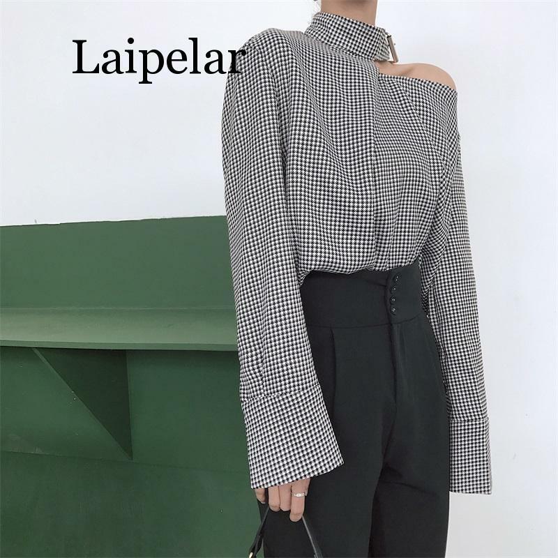 Women Plaid Shirts 2020 Korean Vintage Fashion Halter Patchwork Blouse Long Sleeve Casual Loose Female Blusas