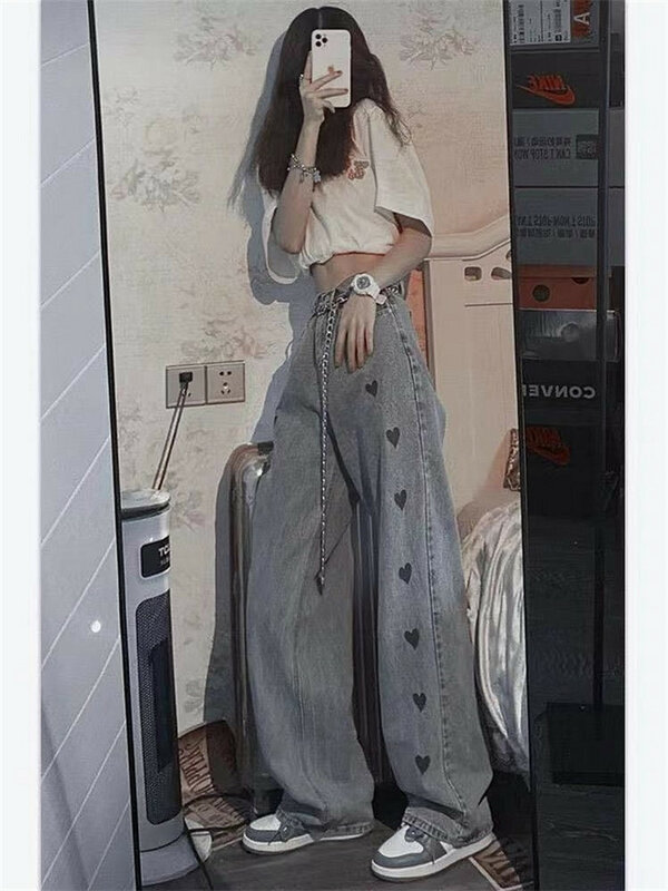 얇은 바지 디자인 감각 여성 소수 민족 가을 사랑 스트레이트 튜브 넓은 다리 바지 느슨한 얇은 높은 허리 청바지