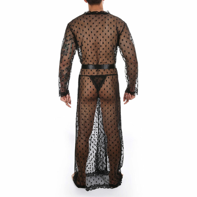 Conjunto de pijama masculino com estampa de bolinhas, lingerie preta, sensual, transparente, renda transparente, roupão de banho com cinto com renda, calcinha g-string