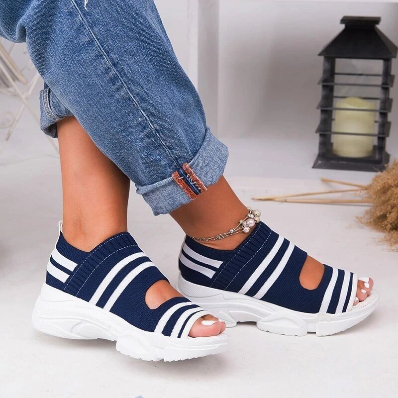 New Women Sandals 2022 High Heels Platform Women Shoes Summer Casual Female Sneakers Knitting Slip On Peep Toe Women Sandals