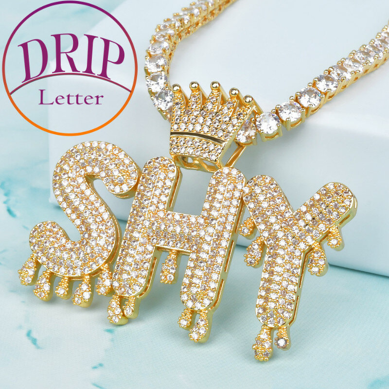 Kalung Nama Kustom Huruf Tetes untuk Pria Liontin Pribadi Jaminan Mahkota Perhiasan Mode Hip Hop Pesona Berlapis Emas Asli