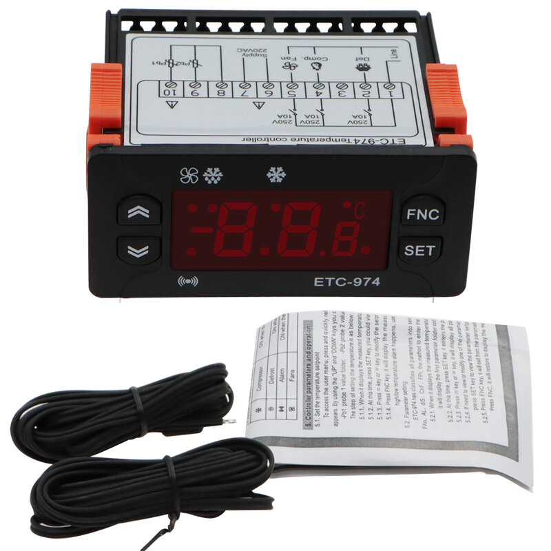 ETC-974 termostat regulator temperatury cyfrowa kontrola Temp termometr Alarm chłodniczy 220V czujnik NTC