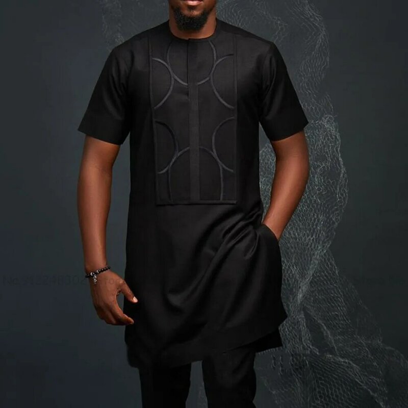 Moda męska Dashiki koszulka z krótkim rękawkiem muzułmańska Jubba Thobe islamska odzież w stylu Casual, czarny Tee topy męskie bluzki afrykańskie ubrania