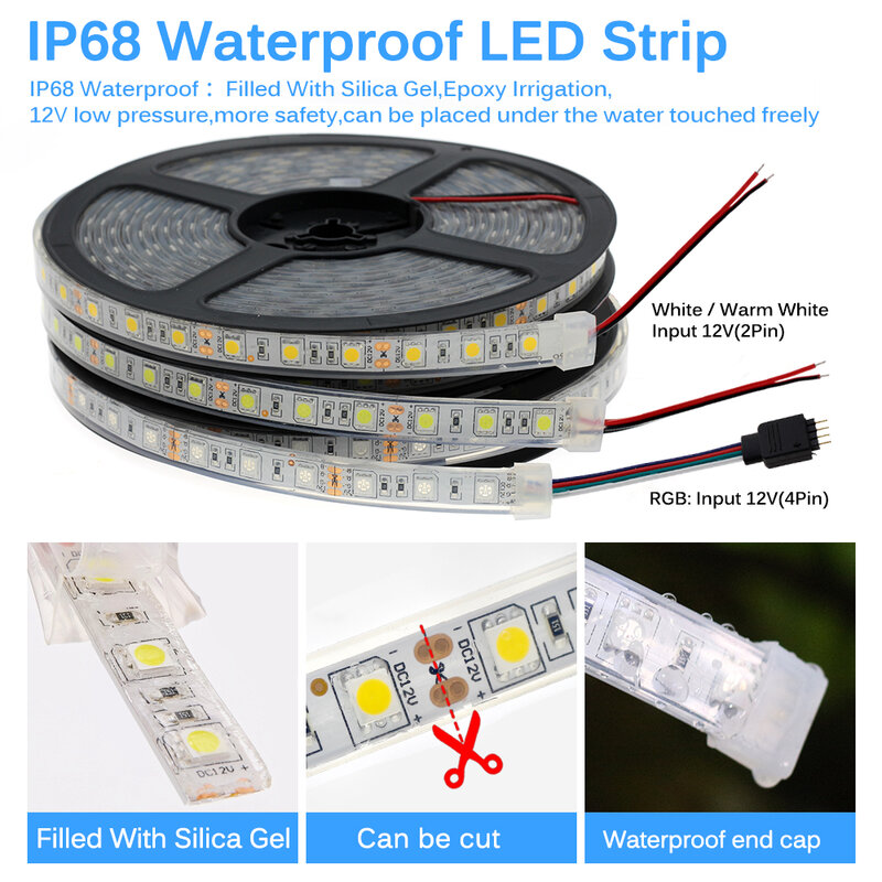 Fita LED impermeável IP67, de alta qualidade, segurança subaquática e exterior, RGB, 300LEDs, 60LEDs por m, DC 12V, 5050, IP68, 5m por lote