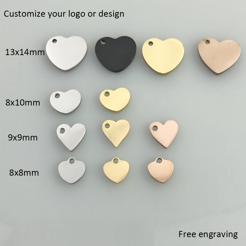 30 stücke Engravable Herz Charme edelstahl herz perlen Kostenloser Laser Gravieren Gewohnheit ihre logo design Schmuck machen zubehör