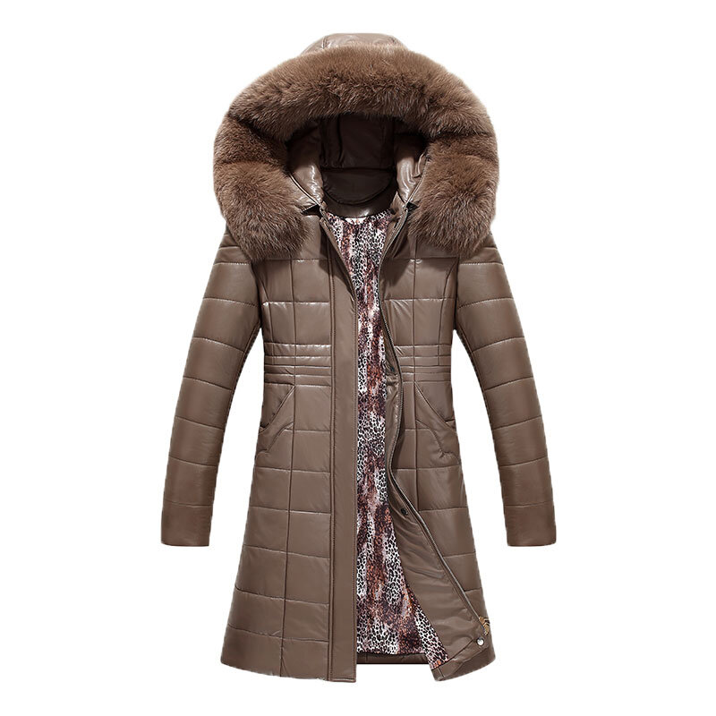L-8XL New Women Long Leather Overcoat Winter 2023 Mother Sheepskin Coat Thicken Warm Fur Collar Hooded Jacket Outerwear Female